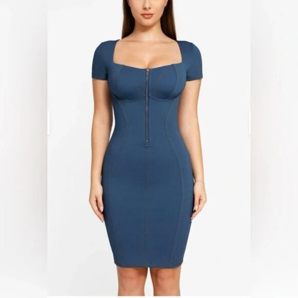 Popilush Shapewear Denim Square Neck Tummy Control Midi Dress L - Picture 1 of 16